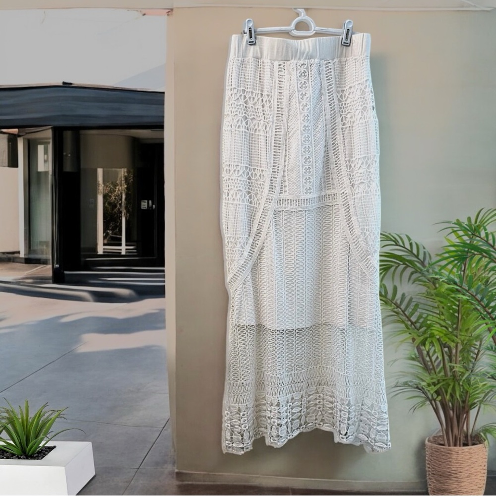 NEW-XCVI Bohemian Semi-Sheer White Open Crochet Maxi Skirt with Partial Liner-M - Picture 11 of 12